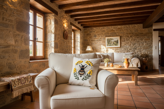 Coussin brodé – Abeille Corse & Immortelle