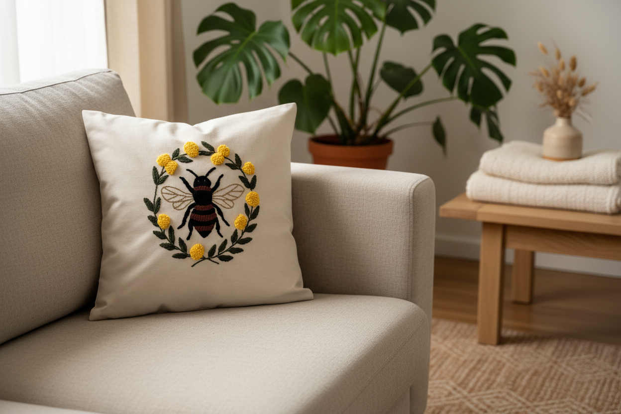 Coussin Abeille Couronne d’Immortelles – 40x40 cm