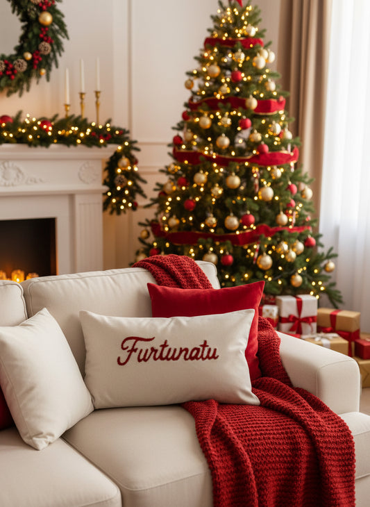Coussin brodé Furtunatu – Édition spéciale fêtes (rouge & doré)