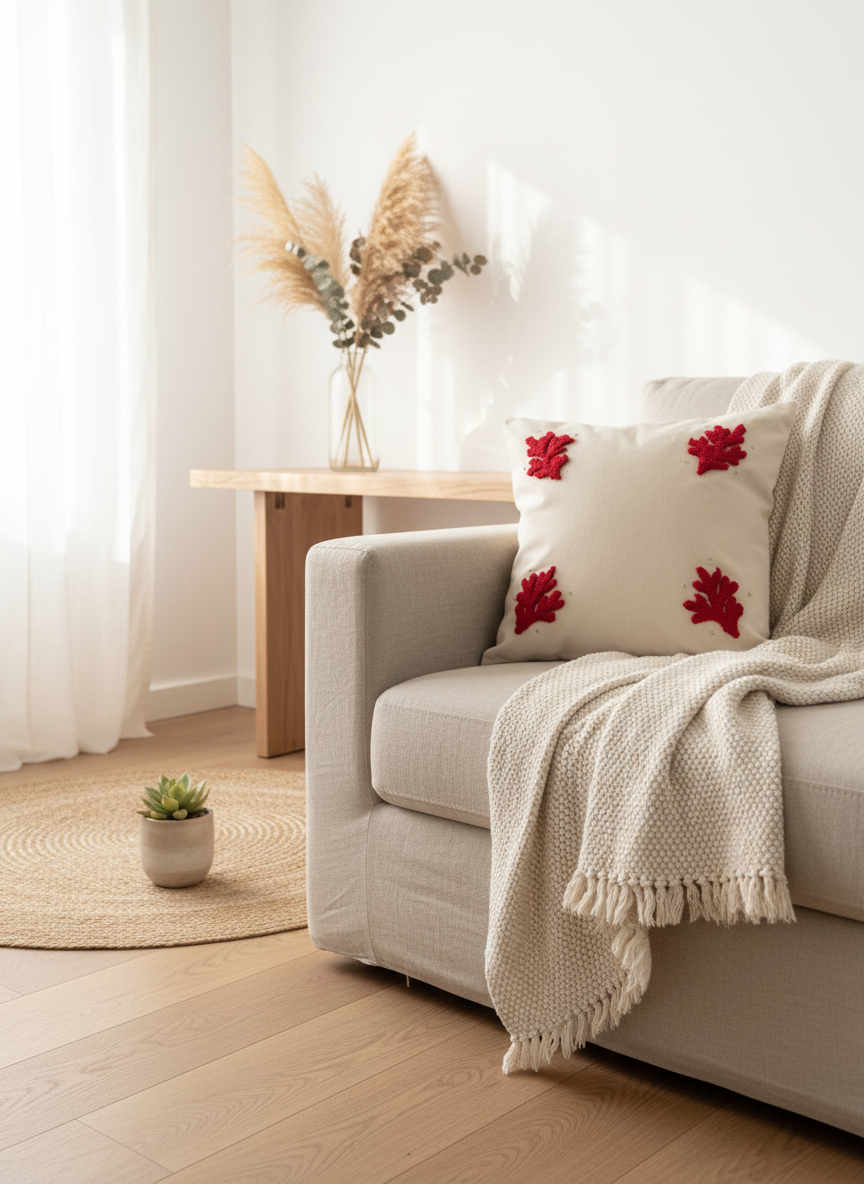 Coussin “Corallu Stellatu” – Pièce unique (40×40)
(Corail rouge & touches d’or)