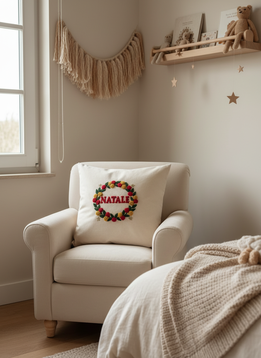 Coussin “Natale” – Couronne brodée (Pièce unique – 40×40)