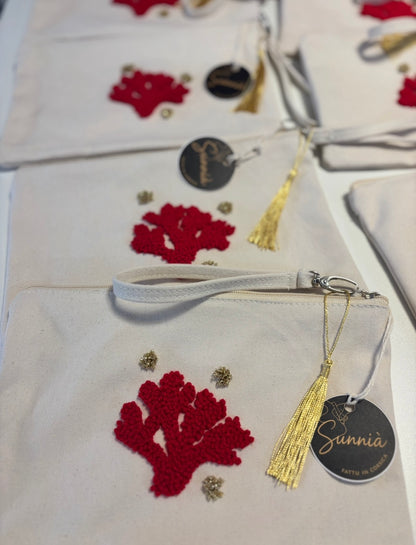 Embroidered pouch – Red coral on black background