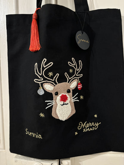 Tote Bag Noir - Motif Cerf de Noël en Punch Needle