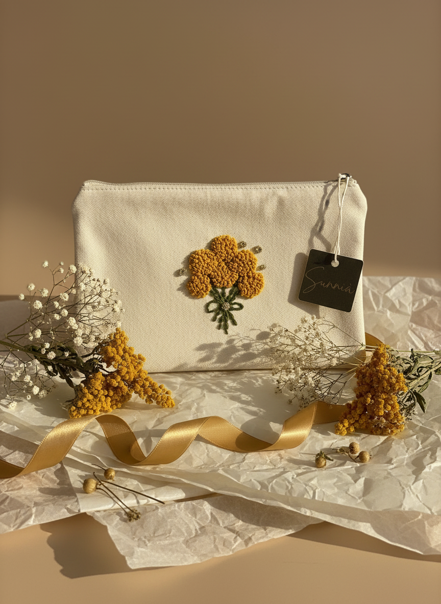 Embroidered pouch - natural color