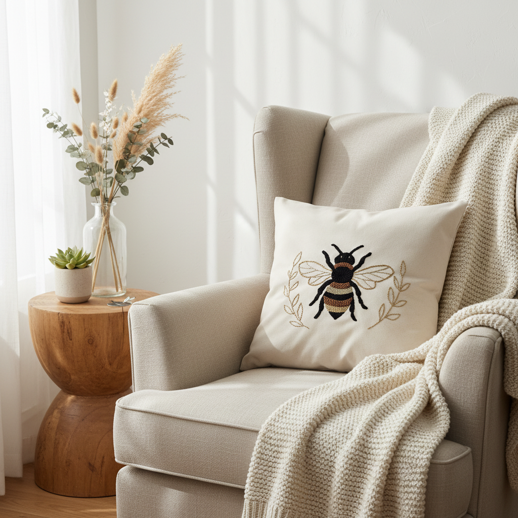 Coussin Abeille & Branches Dorées – 40x40 cm