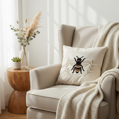 Coussin Abeille & Branches Dorées – 40x40 cm