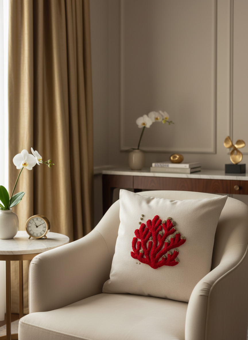 Coussin “Marina d’Oru” – Corail rouge & touches d’or (40×40)