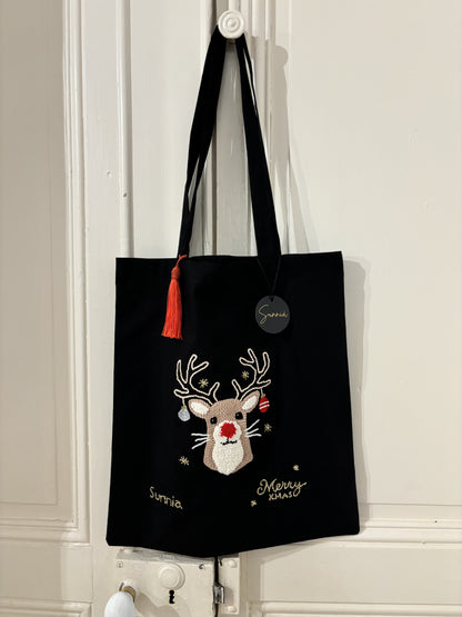 Tote Bag Noir - Motif Cerf de Noël en Punch Needle