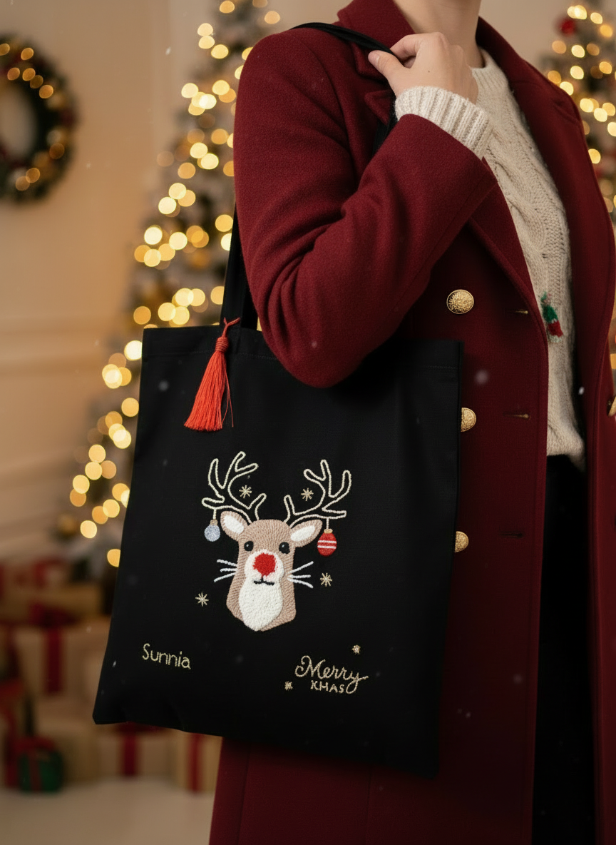 Black Tote Bag - Christmas Deer Pattern in Punch Needle
