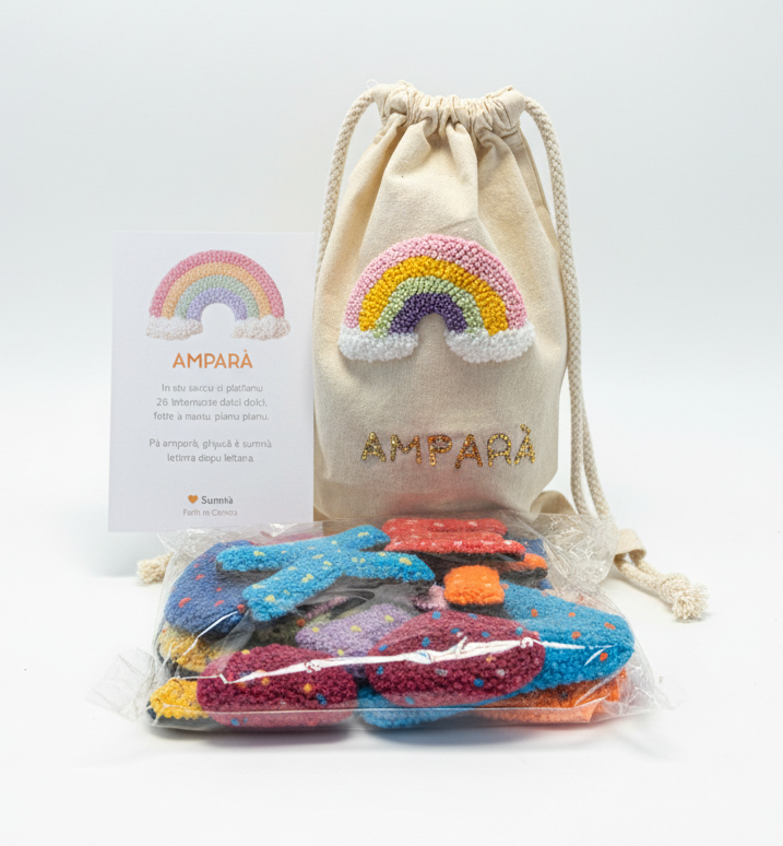 Coffret AMPARÀ – Alphabet textile artisanal (26 lettres) + sac à dos offert