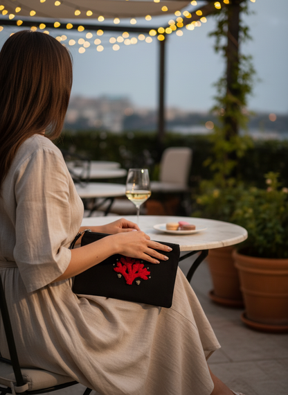 Embroidered pouch – Red coral on black background