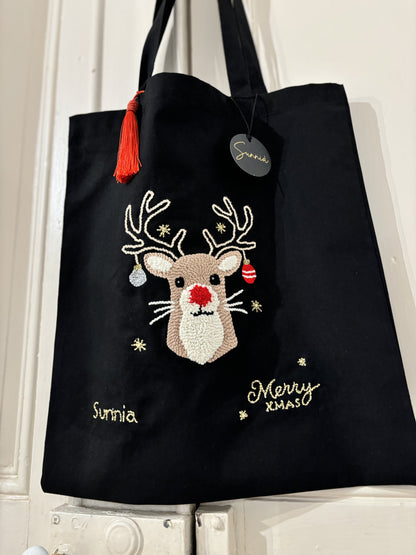 Tote Bag Noir - Motif Cerf de Noël en Punch Needle