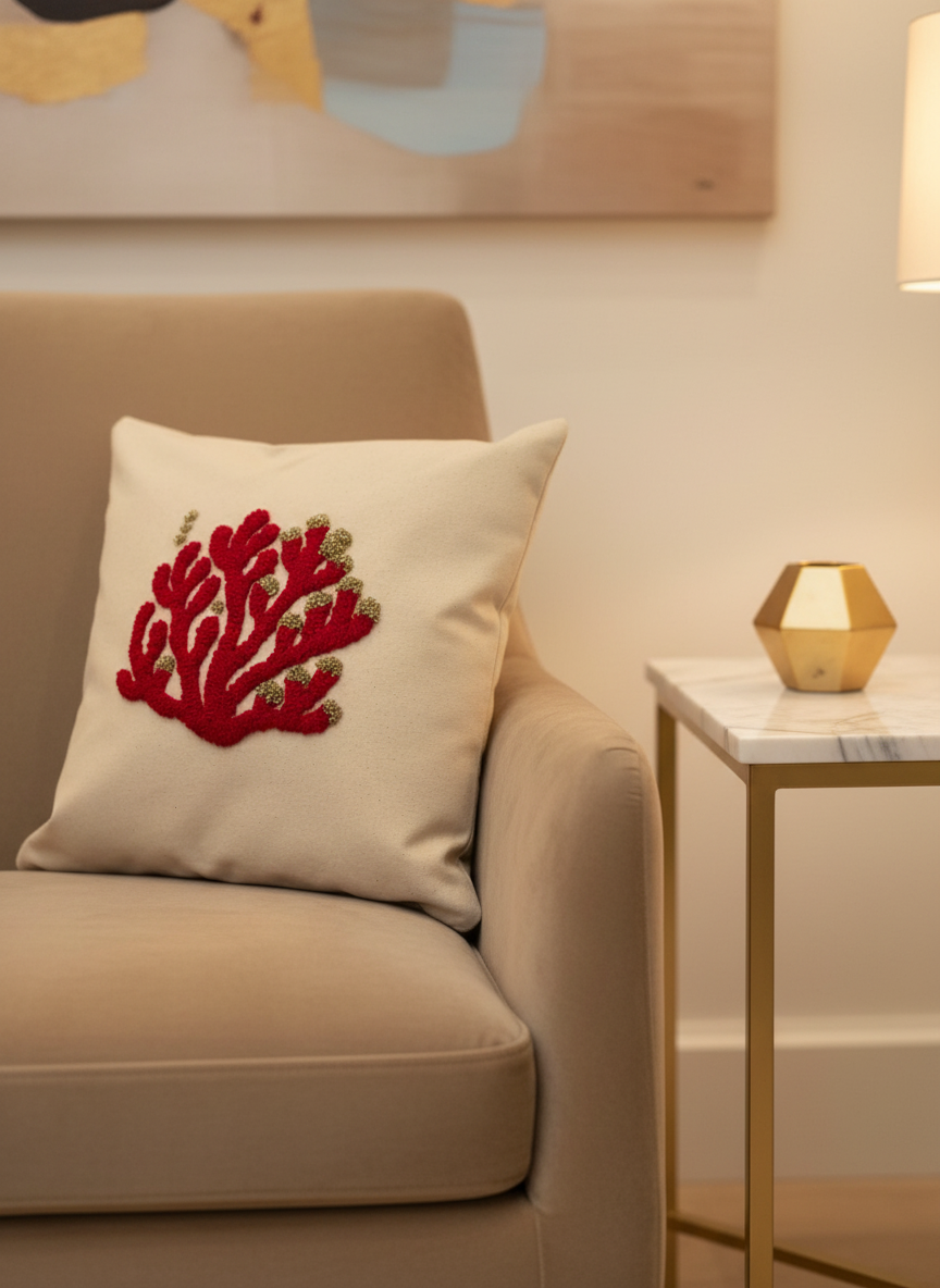 Coussin “Marina d’Oru” – Corail rouge & touches d’or (40×40)